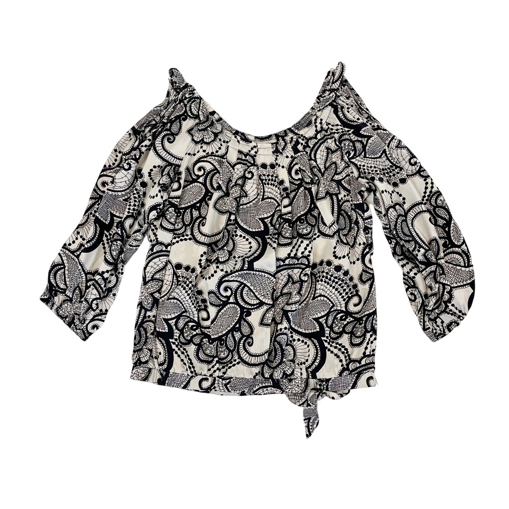 Vintage Cache Y2K Silk Blouse Black White Paisley Cold Shoulder Tie Hem Top XS